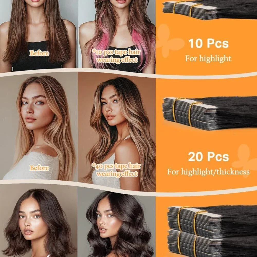 Human Hair Extensions, Jet Black 20 Inch 50g 20pcs, Tape in Hair Extensions Skin
